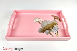 Pink rectangular lacquer tray with hand-painted lotus 20x32 cm